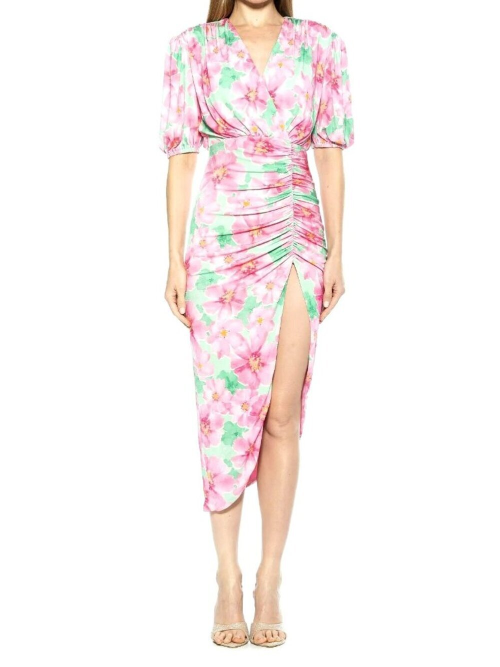 Alexia Admor Midi Dress Fern Floral Ruched Long Sleeve Slit Size XL NWT